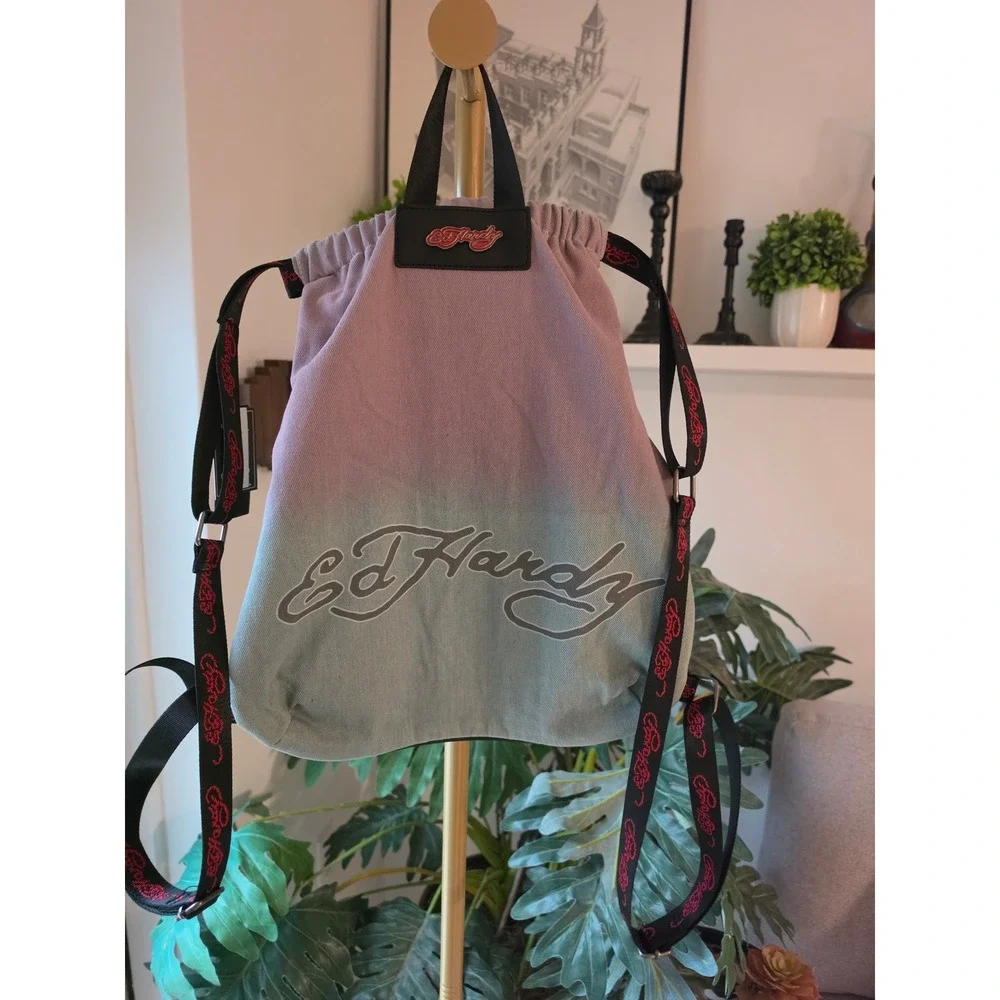 Ed Hardy Love Kills Slowly Ombre Denim Drawstring Backpack Rhinestone Skull Bag